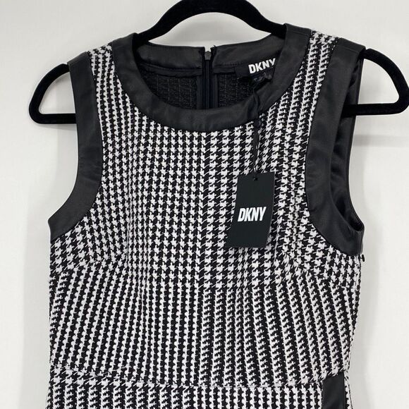 DKNY Faux Leather Wrap Houndstooth Sleeveless Dress‎ Sheath MIDI Black White 2 - Picture 3 of 14